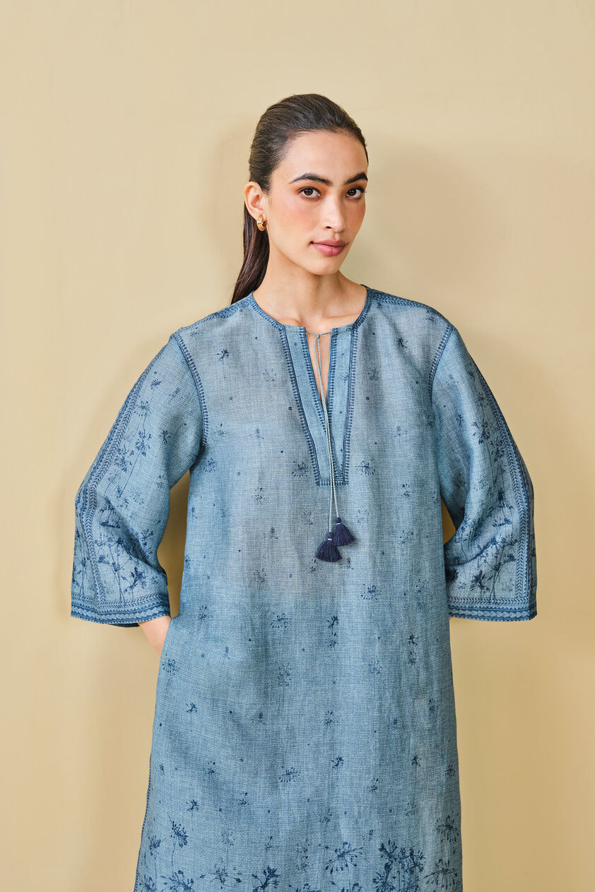 Pond Printed Linen Kurta Set  - Blue, Blue, image 7